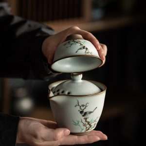 Bird And Flower Pattern Antique Ceramic Travelling Tea Set Case