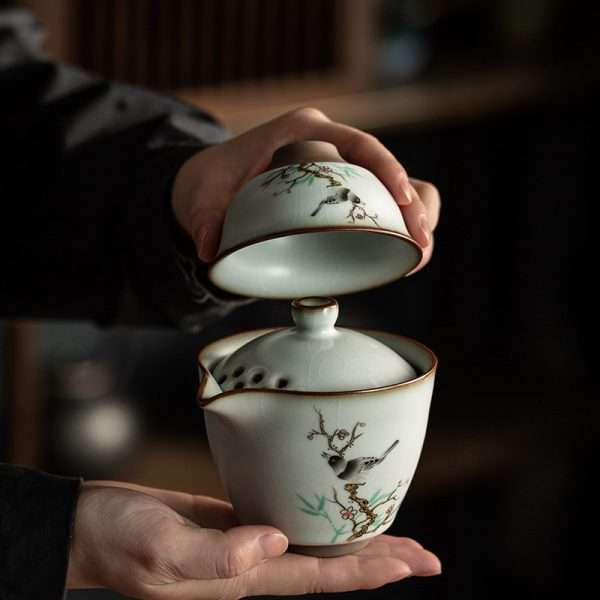 Bird And Flower Pattern Antique Ceramic Travelling Tea Set Case