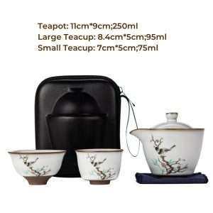 Bird And Flower Pattern Antique Ceramic Travelling Tea Set Case