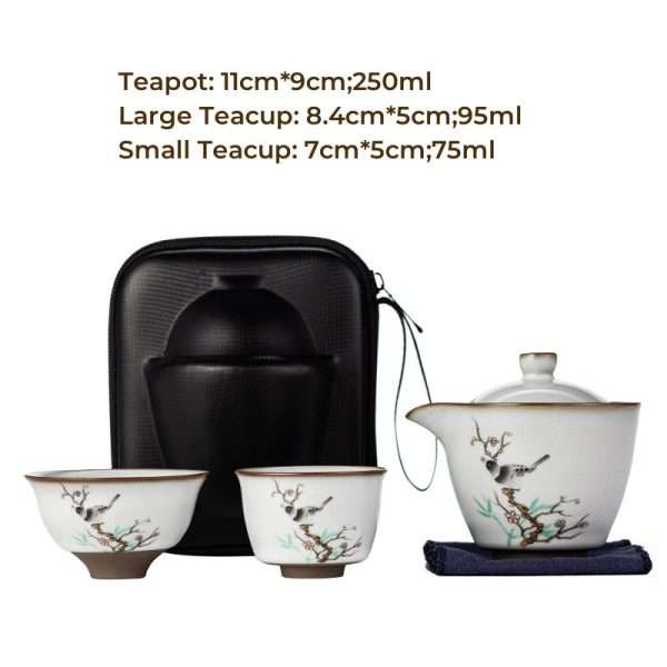 Bird And Flower Pattern Antique Ceramic Travelling Tea Set Case