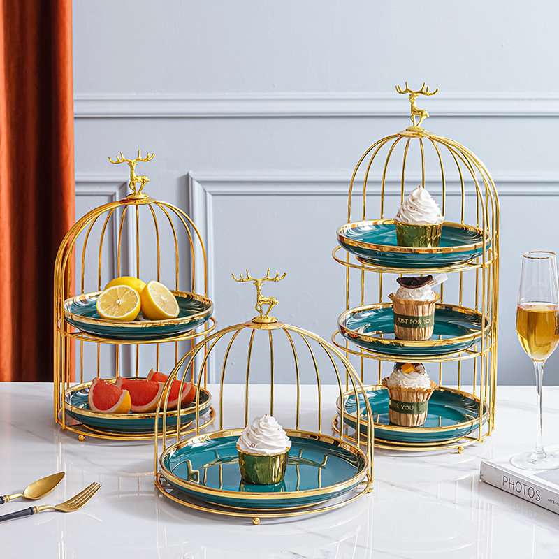 Green Ceramics Birdcage 2-3 Tier Afternoon Tea Sandwich High Stand For Sale Green Ceramics Birdcage 2-3 Tier Afternoon Tea Sandwich High Stand For Sale