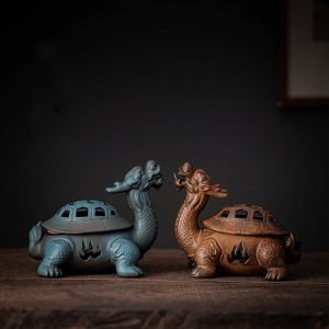 Blue and Brown Dragon Turtle Ceramic Charcoal and Powder Cone Incense Burner Holder