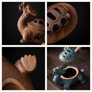 Blue and Brown Dragon Turtle Ceramic Charcoal and Powder Cone Incense Burner Holder