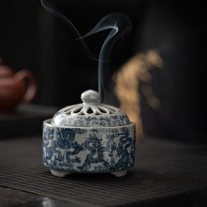 Blue and White Porcelain Dragon Theme Charcoal Cone Incense Holder Burner