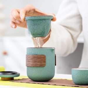 Celadon Stripes Antique Ceramic Travel Tea And Coffee Set Case