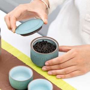 Celadon Stripes Antique Ceramic Travel Tea And Coffee Set Case