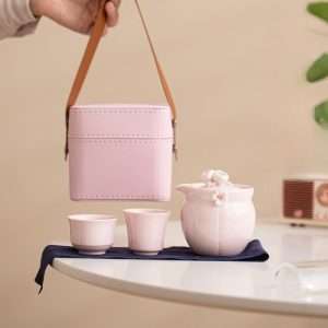 Pink And White Cherry Blossom Porcelain Travel Tea Set Case