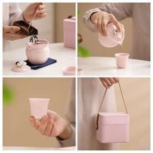 Pink And White Cherry Blossom Porcelain Travel Tea Set Case