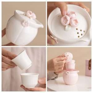 Pink And White Cherry Blossom Porcelain Travel Tea Set Case