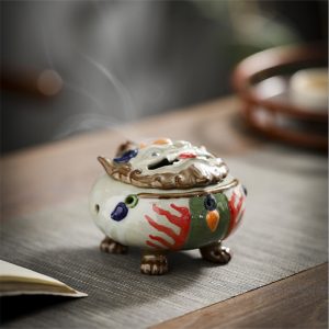 Chinese Foo Dog Ceramic Charcoal and Powder Cone Incense Burner Holder