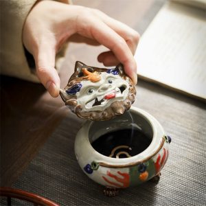 Chinese Foo Dog Ceramic Charcoal and Powder Cone Incense Burner Holder