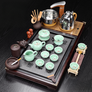 Traditional Green Gongfu Tea Ceremony Set with Carp Pattern Wooden Tray and Electric Teapot