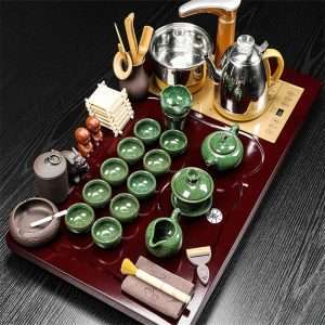 Jade Crack Green Porcelain Gongfu Tea Set with Handmade Wooden Tray and Electric Teapot Furnace