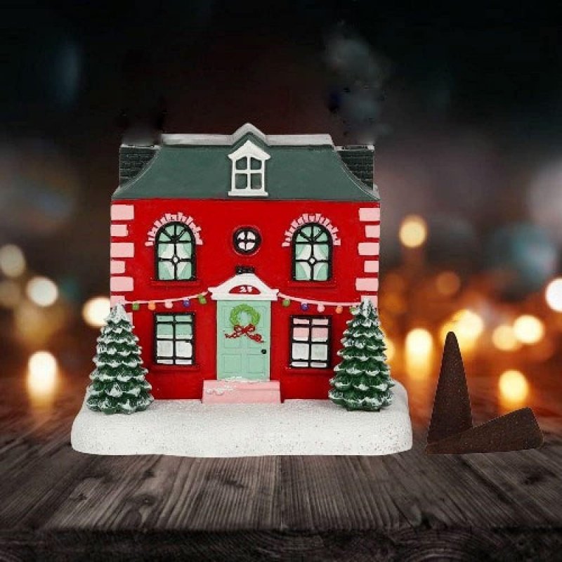 Christmas Red Wall Green Roof Cottage Log Cabin Incense Burner Christmas Red Wall Green Roof Cottage Log Cabin Incense Burner
