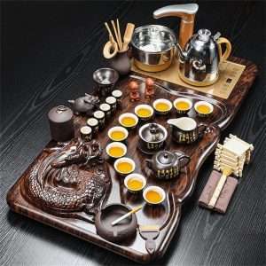 Dragon Theme Purple Gongfu Tea Ceremony Set  with Wooden Tray and Stainless Temperature Control Electric Teapot