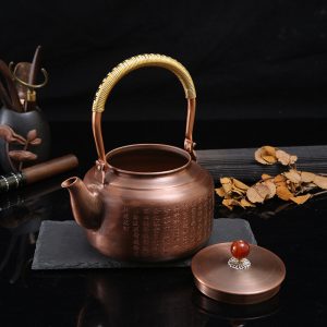 43.9 Fl Oz Vintage Solid Copper Tea Water Kettle Engraved With Buddhist Scriptures