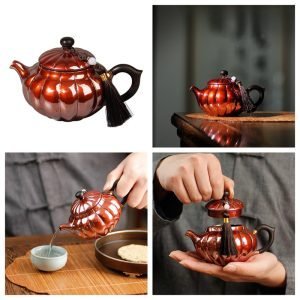 10.1 Fl Oz Antique Pumpkin Shape Handmade Annealing Copper Tea Kettle With Wood Handle