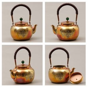 43.9 Fl Oz Antique Solid Hammered Golden Annealing Copper Tea Kettle For Sale