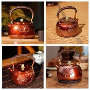 33.8 Fl Oz Best Antique Wavy Pattern Annealing Copper Tea Kettle With Jade Pot Knob