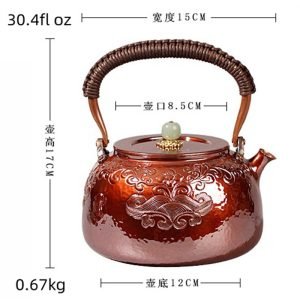 33.8 Fl Oz Best Antique Wavy Pattern Annealing Copper Tea Kettle With Jade Pot Knob