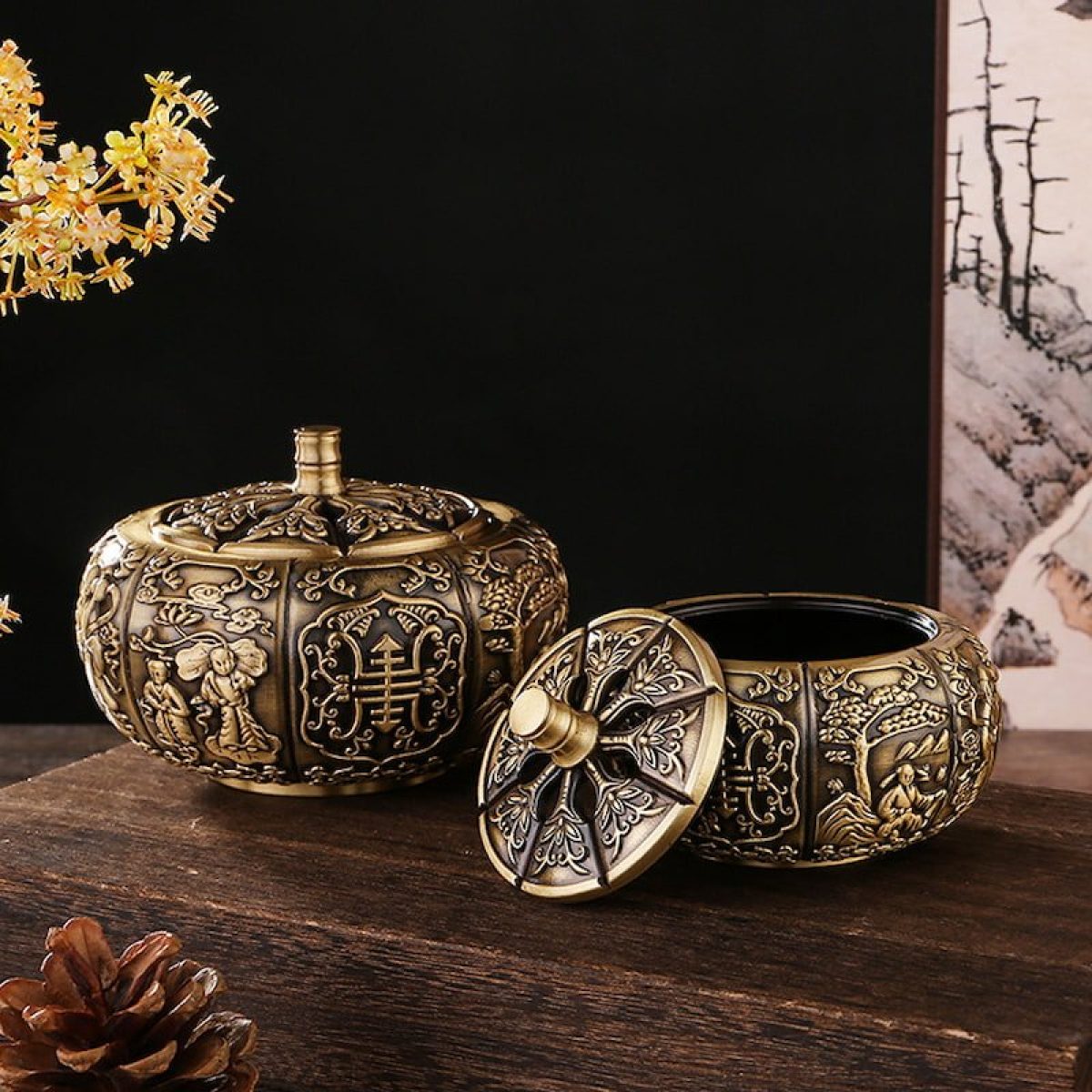 Large and Small Detailed Pumpkin Carving Antique Chinese Brass