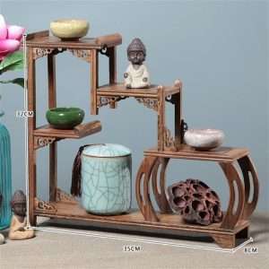 Stair Shape Creative Antique Wooden Tea Cup Display Stand And Tea Shelf