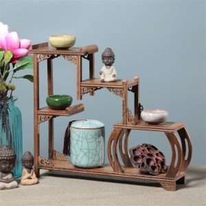 Stair Shape Creative Antique Wooden Tea Cup Display Stand And Tea Shelf