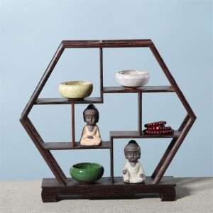 Large Hexagon Wooden Standing Display Shelf For Tea Cup And Mug