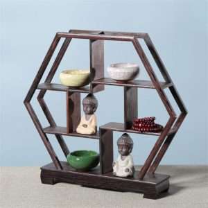 Large Hexagon Wooden Standing Display Shelf For Tea Cup And Mug
