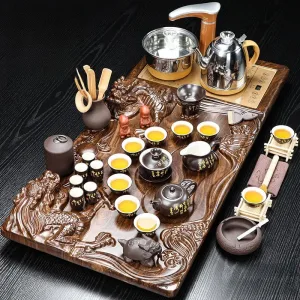 Zisha Gongfu Tea Ceremony Set with Giant Dragon Wooden Tray and Stainless Electric Teapot Featuring Temperature Control