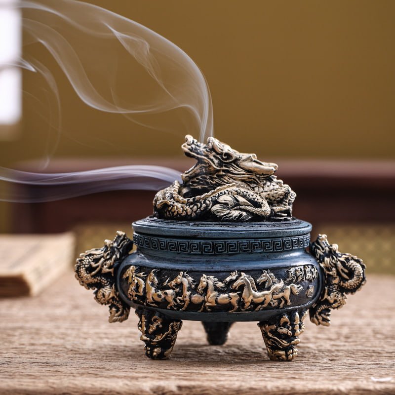 Dragon and Horse Chinese Charcoal and Powder Cone Incense Burner Holder Dragon and Horse Chinese Charcoal and Powder Cone Incense Burner Holder
