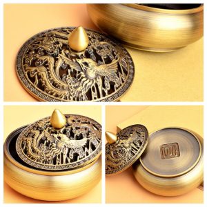 Dragon and Phoenix Theme Antique Chinese Brass Incense Burner