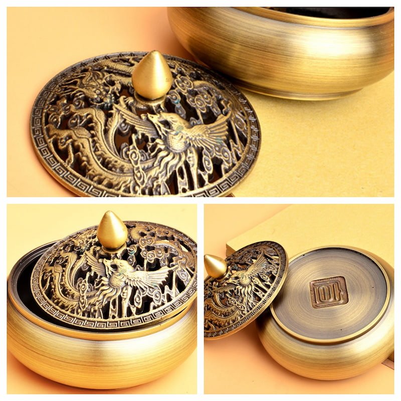 Dragon and Phoenix Theme Antique Chinese Brass Incense Burner Dragon and Phoenix Theme Antique Chinese Brass Incense Burner