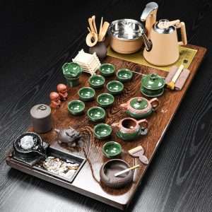Embossed Cracked Ceramic Kung Fu Tea Set with Wooden Tea Tray and Stainless Electric Teapot with Embeded Temperature Control