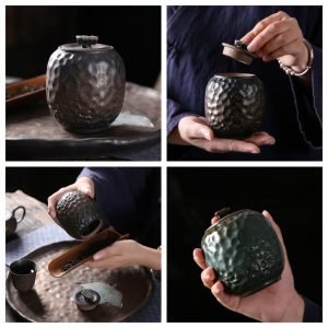 Black Vintage Japanese Gilt Iron Glaze Ceramic Loose Leaf Tea Caddy