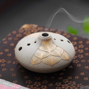 Gold Lotus Relief Ceramic Charcoal and Powder Cone Incense Burner Holder
