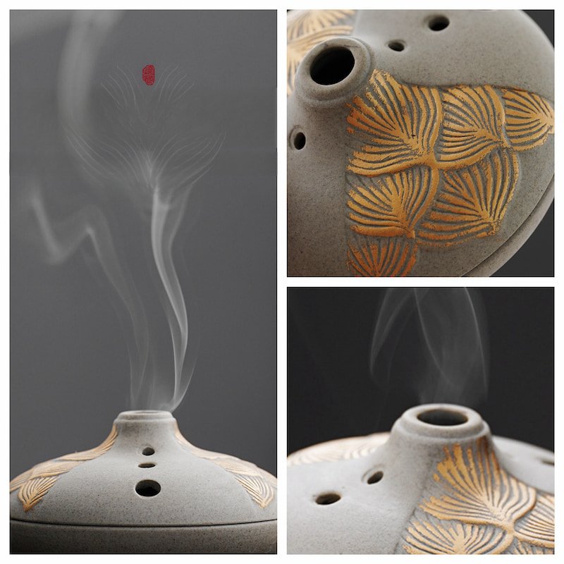 Gold Lotus Relief Ceramic Charcoal and Powder Cone Incense Burner Holder Gold Lotus Relief Ceramic Charcoal and Powder Cone Incense Burner Holder