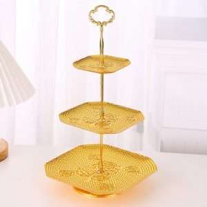 Antique Golden Metal Three Tier Afternoon High Tea Party Stand For Sandwich And Coffee