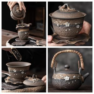 Silver Plum Blossom Iron Glaze Rough Pottery Kung Fu Gongfu Tea Ceremony Set With Tray