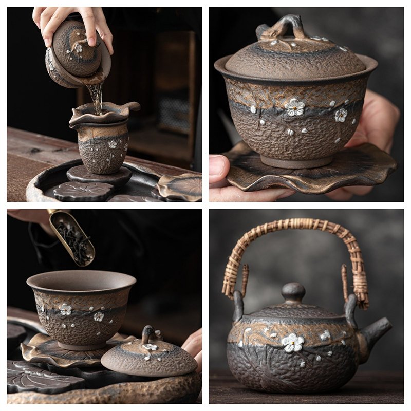 Silver Plum Blossom Iron Glaze Rough Pottery Kung Fu Gongfu Tea Ceremony Set With Tray Silver Plum Blossom Iron Glaze Rough Pottery Kung Fu Gongfu Tea Ceremony Set With Tray