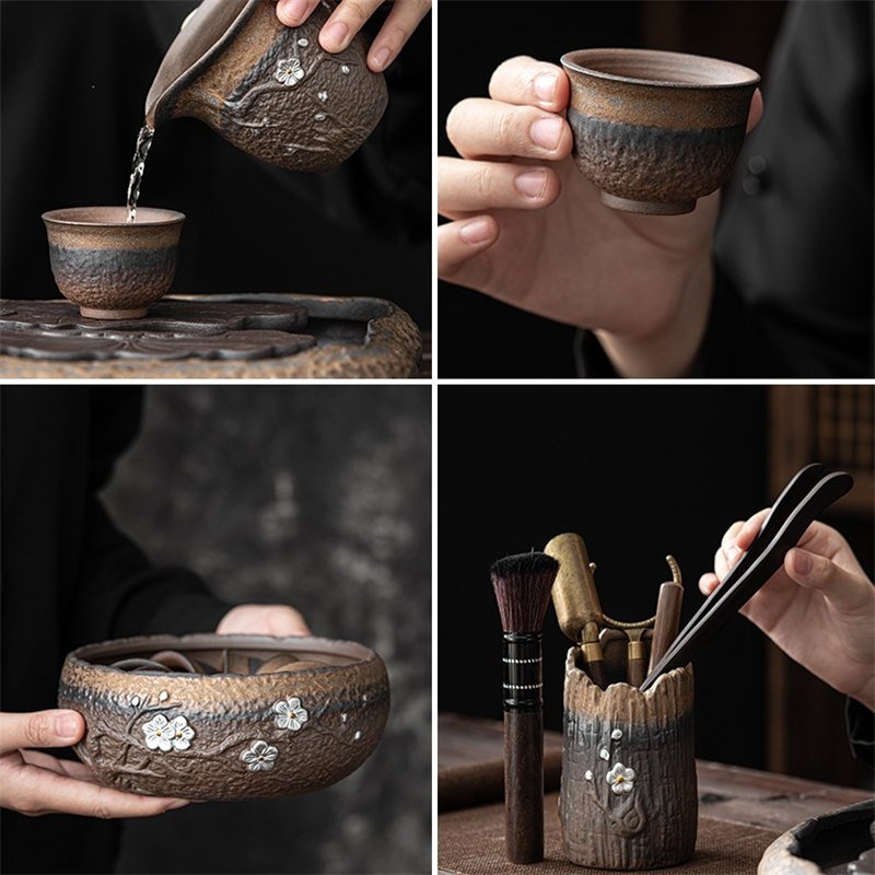 Silver Plum Blossom Iron Glaze Rough Pottery Kung Fu Gongfu Tea Ceremony Set With Tray Silver Plum Blossom Iron Glaze Rough Pottery Kung Fu Gongfu Tea Ceremony Set With Tray