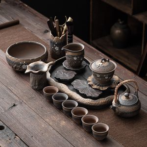 Silver Plum Blossom Iron Glaze Rough Pottery Kung Fu Gongfu Tea Ceremony Set With Tray