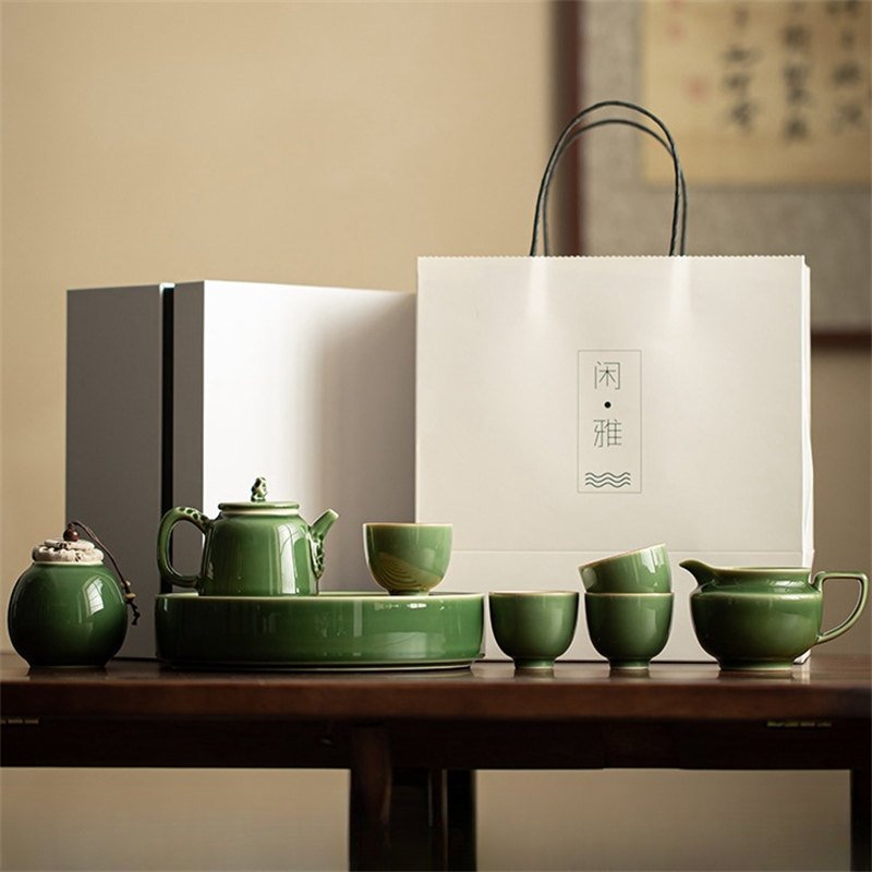 Emerald Green Glaze Ceramic Gongfu Kung Fu Tea Ceremony Set With Tray Emerald Green Glaze Ceramic Gongfu Kung Fu Tea Ceremony Set With Tray