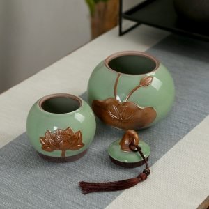 Green Chinese Old Fashioned Gourd Fruit Shape Crack Ceramic Loose Leaf Tea Caddy