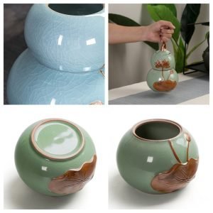 Green Chinese Old Fashioned Gourd Fruit Shape Crack Ceramic Loose Leaf Tea Caddy