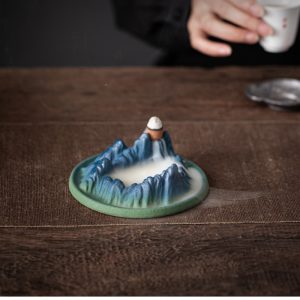 Green Mountain-Shaped Ceramic Smoke Backflow and Waterfall Incense Burner