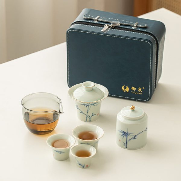 Antique Hand-painted Bamboo Ceramic Portable Travel Tea Kit Set In Case