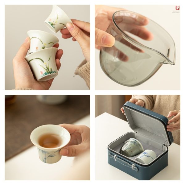 Antique Hand-painted Bamboo Ceramic Portable Travel Tea Kit Set In Case