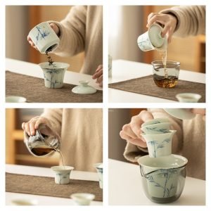 Antique Hand-painted Bamboo Ceramic Portable Travel Tea Kit Set In Case