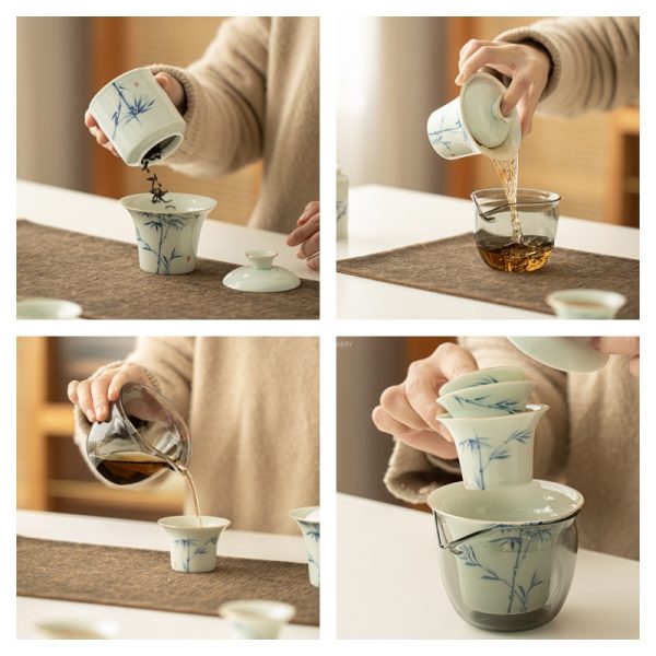Antique Hand-painted Bamboo Ceramic Portable Travel Tea Kit Set In Case
